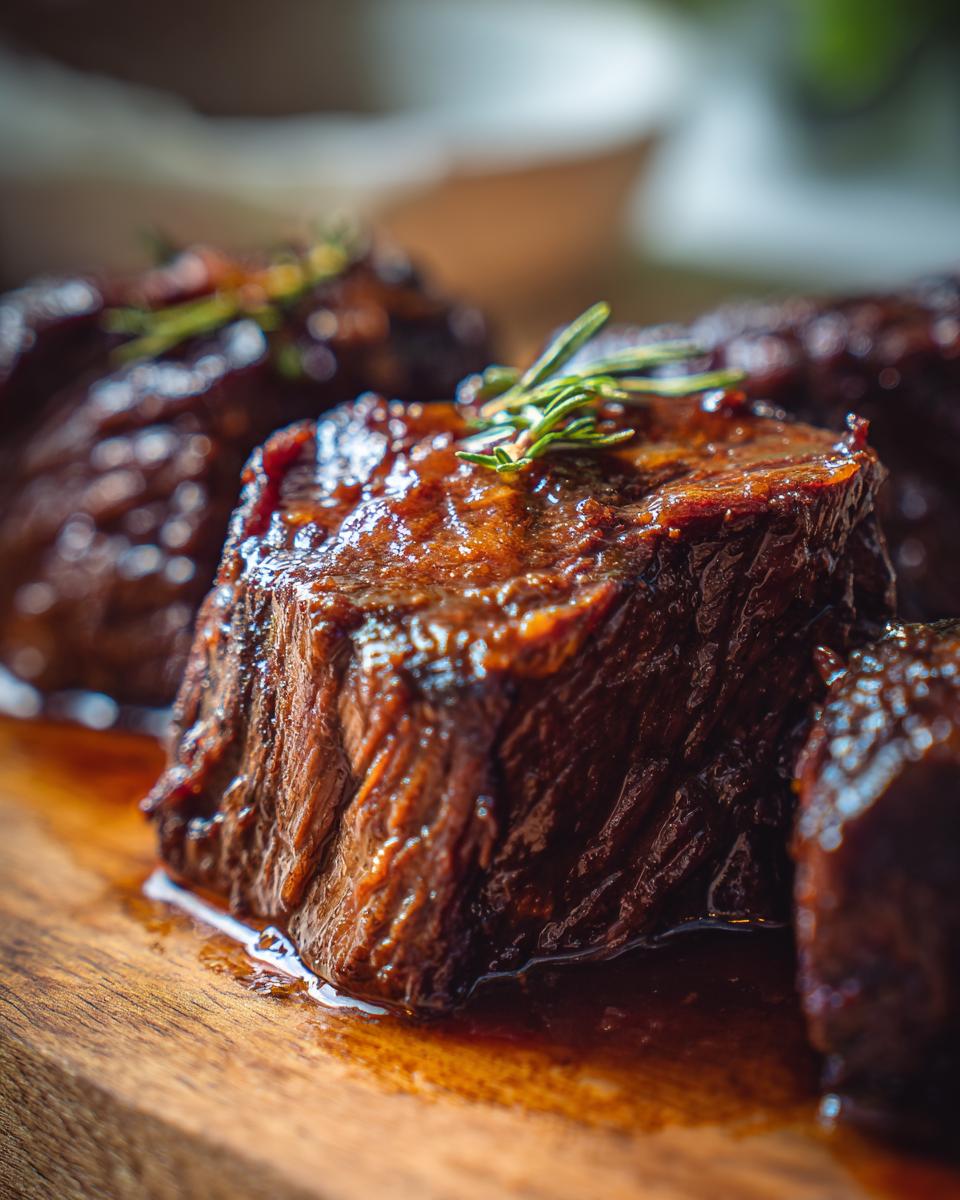 Close-up of tender Geschmorte Rinderbäckchen aus dem Backofen, glazed and garnished with rosemary.