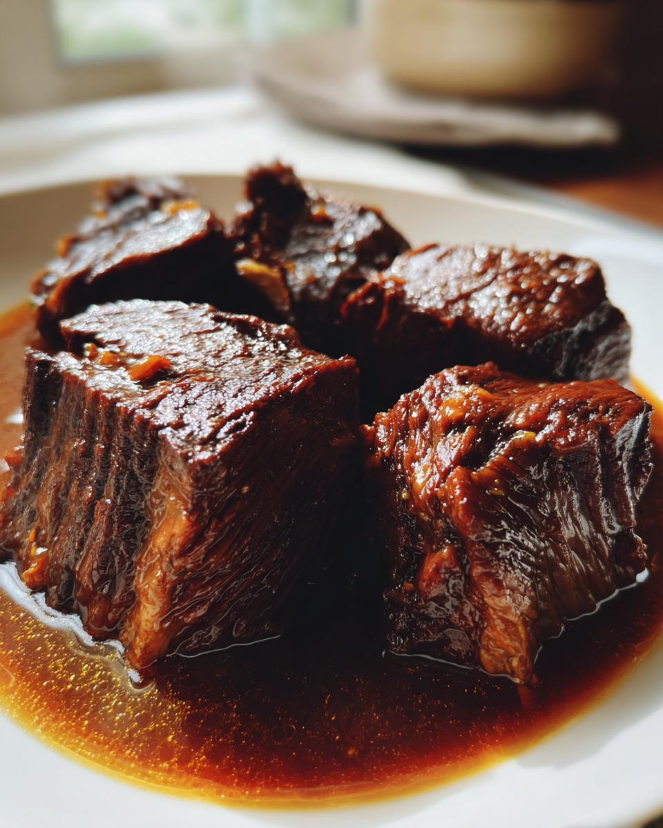 Close-up of tender Geschmorte Rinderbäckchen aus dem Backofen in rich brown sauce.