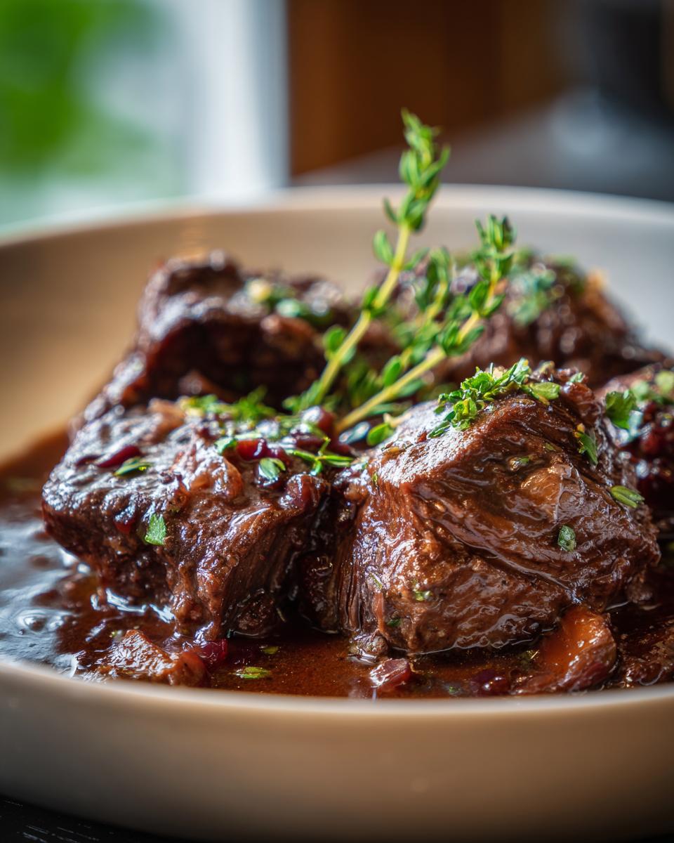 Nahaufnahme von zarten Geschmorte Rinderbäckchen aus dem Backofen in einer reichen Sauce, garniert mit frischen Kräutern.