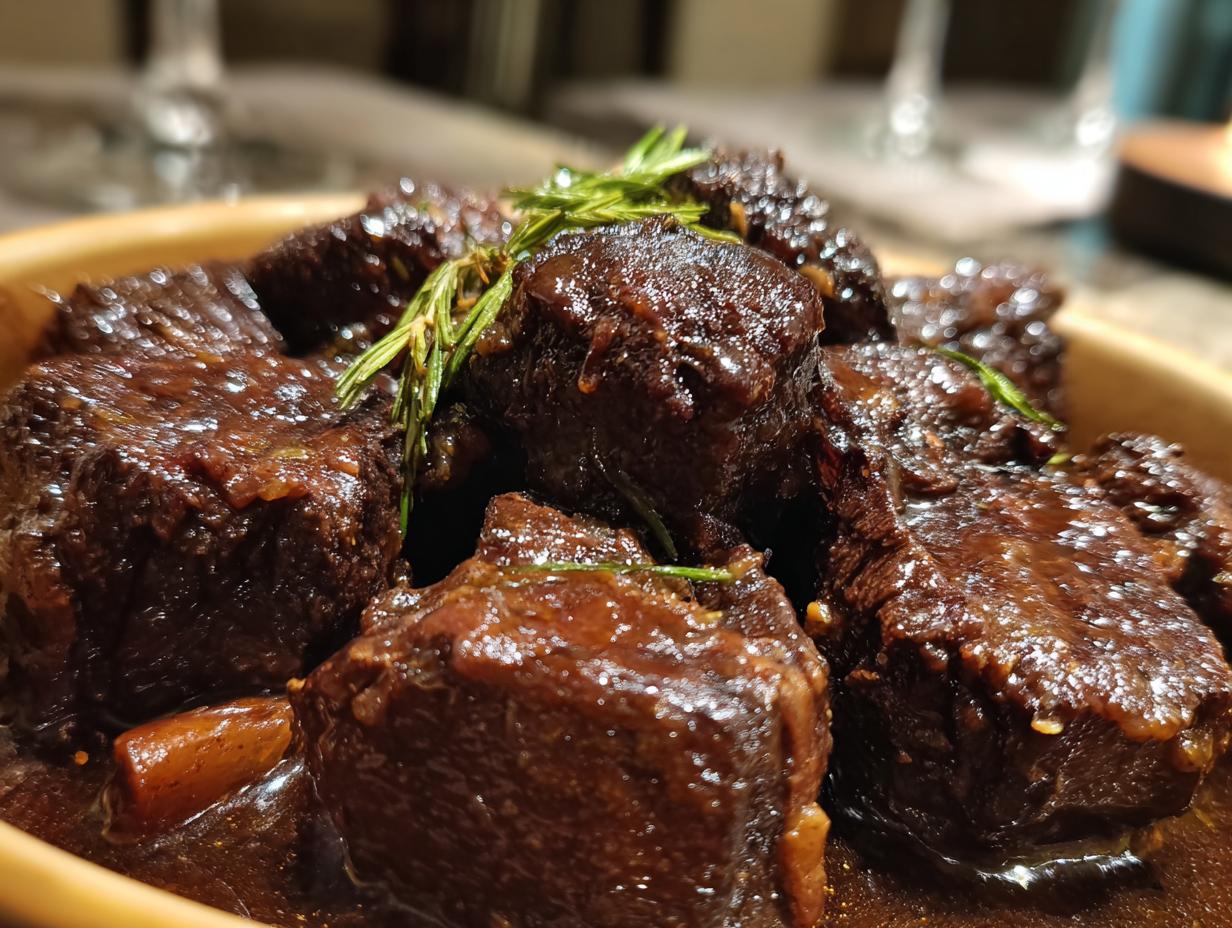 Close-up of tender Geschmorte Rinderbäckchen aus dem Backofen in a rich brown sauce, garnished with rosemary.