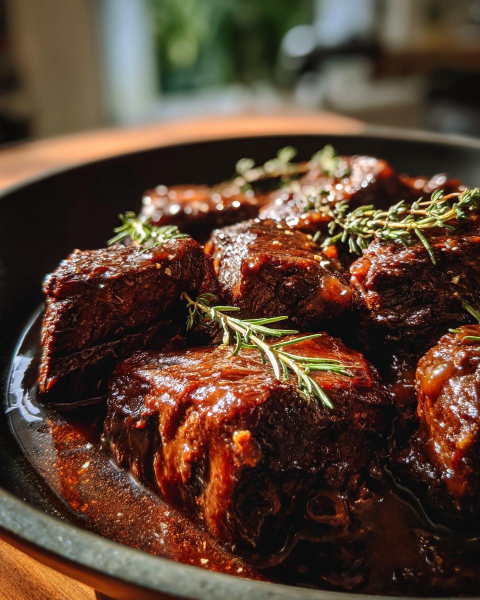 Close-up of tender Geschmorte Rinderbäckchen aus dem Backofen in a rich sauce, garnished with fresh herbs.