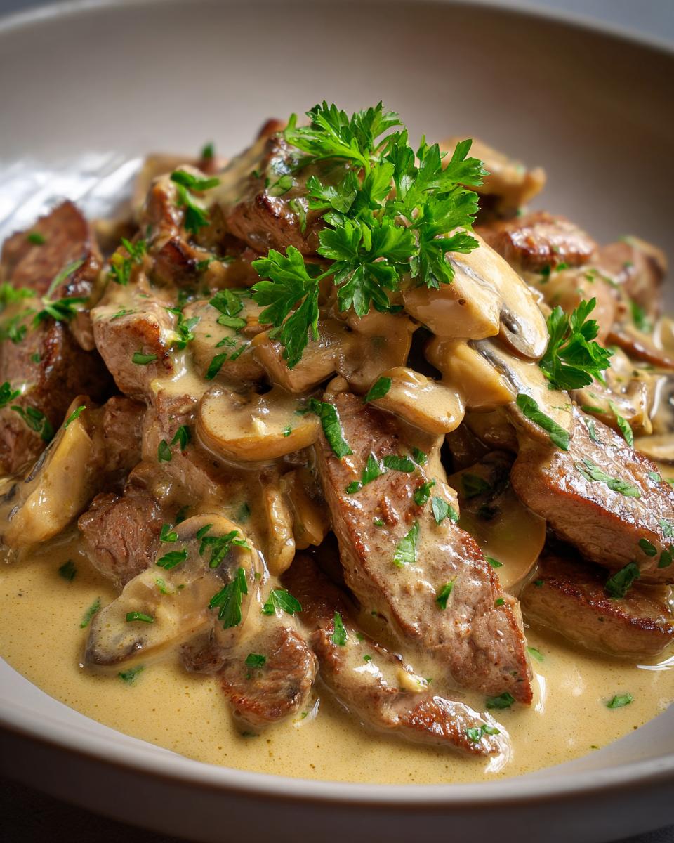 Close-up of Geschnetzeltes Zürcher Art, featuring tender strips of meat and sliced mushrooms in a rich, creamy sauce, garnished with parsley.