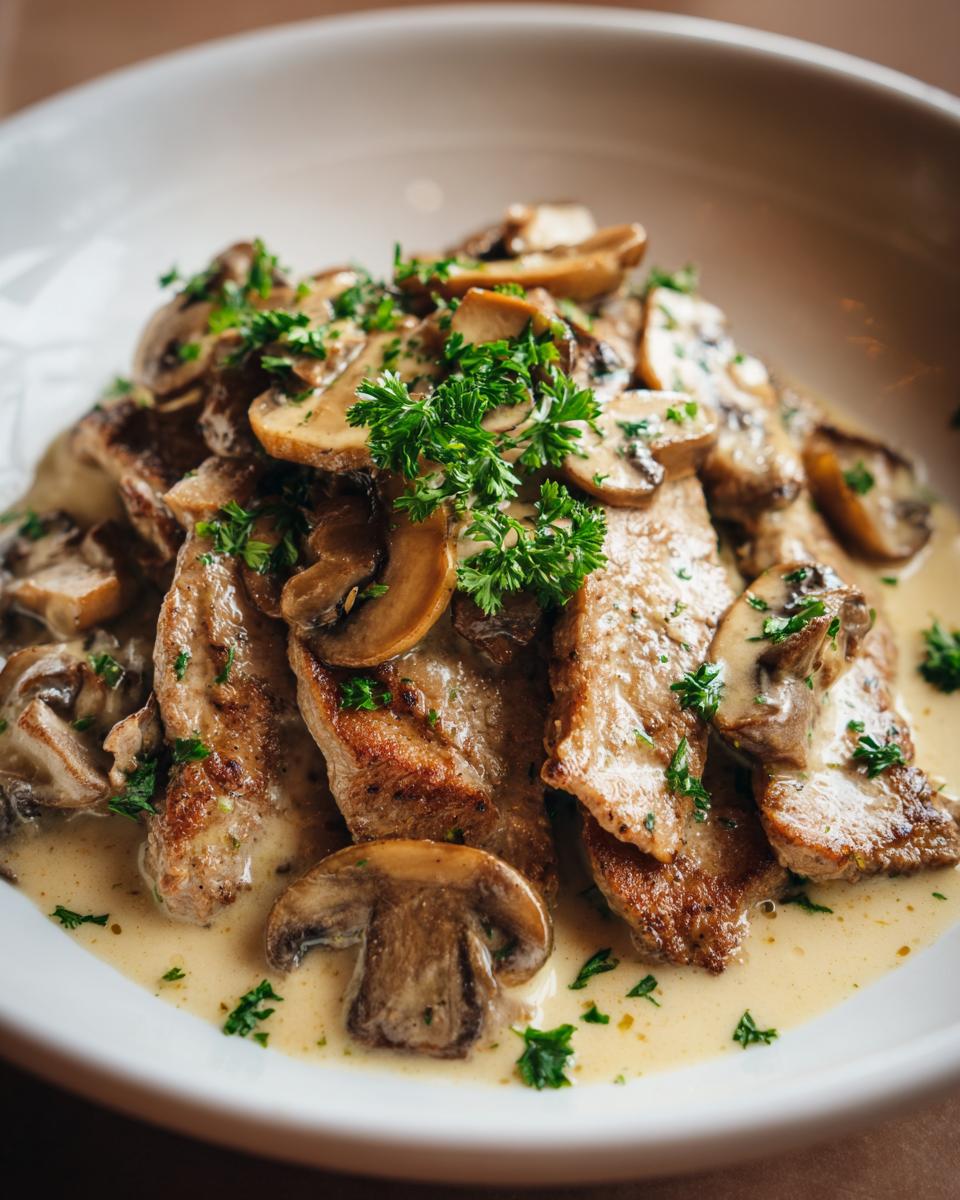Geschnetzeltes Zürcher Art, ein cremiges Gericht mit Kalbfleischstreifen, Champignons und Petersilie.