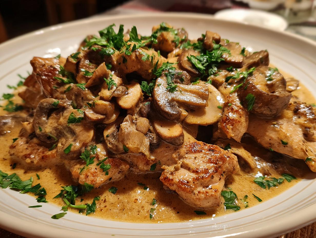 Geschnetzeltes Zürcher Art, ein cremiges Gericht mit zarten Fleischstreifen und Pilzen, garniert mit Petersilie.