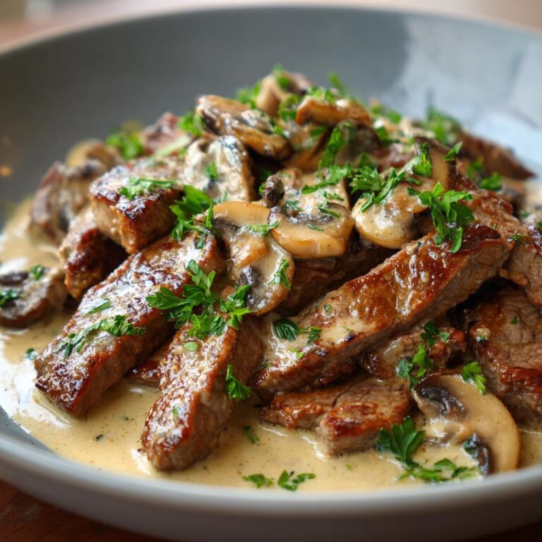 Close-up of Geschnetzeltes Zürcher Art, featuring tender sliced beef with mushrooms in a creamy sauce, garnished with parsley.