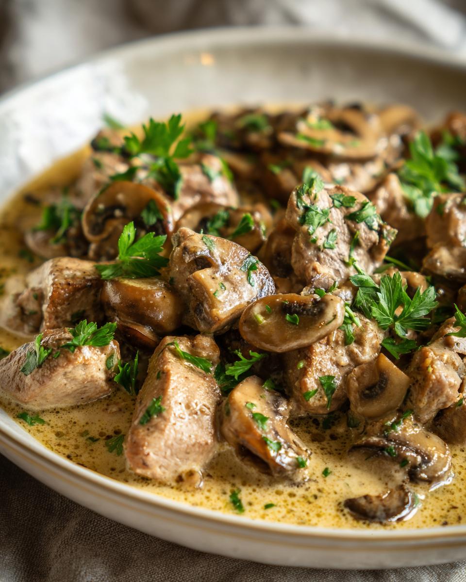 Geschnetzeltes Zürcher Art in cremiger Sauce mit Pilzen und Petersilie garniert.