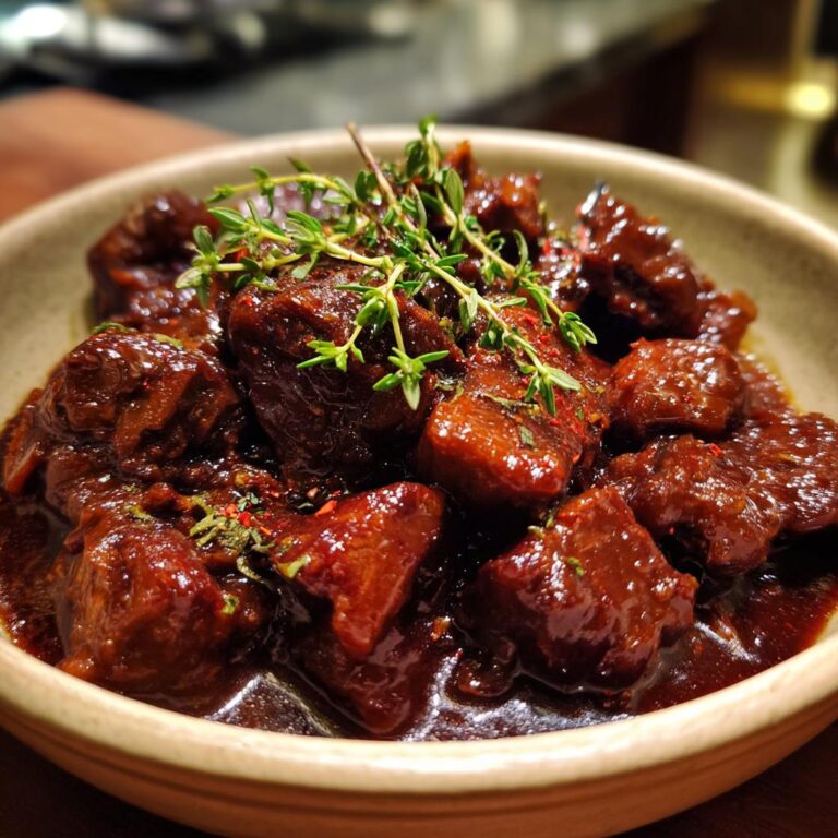 A close-up of tender Glühweingulasch in a bowl, garnished with fresh thyme and pink peppercorns.