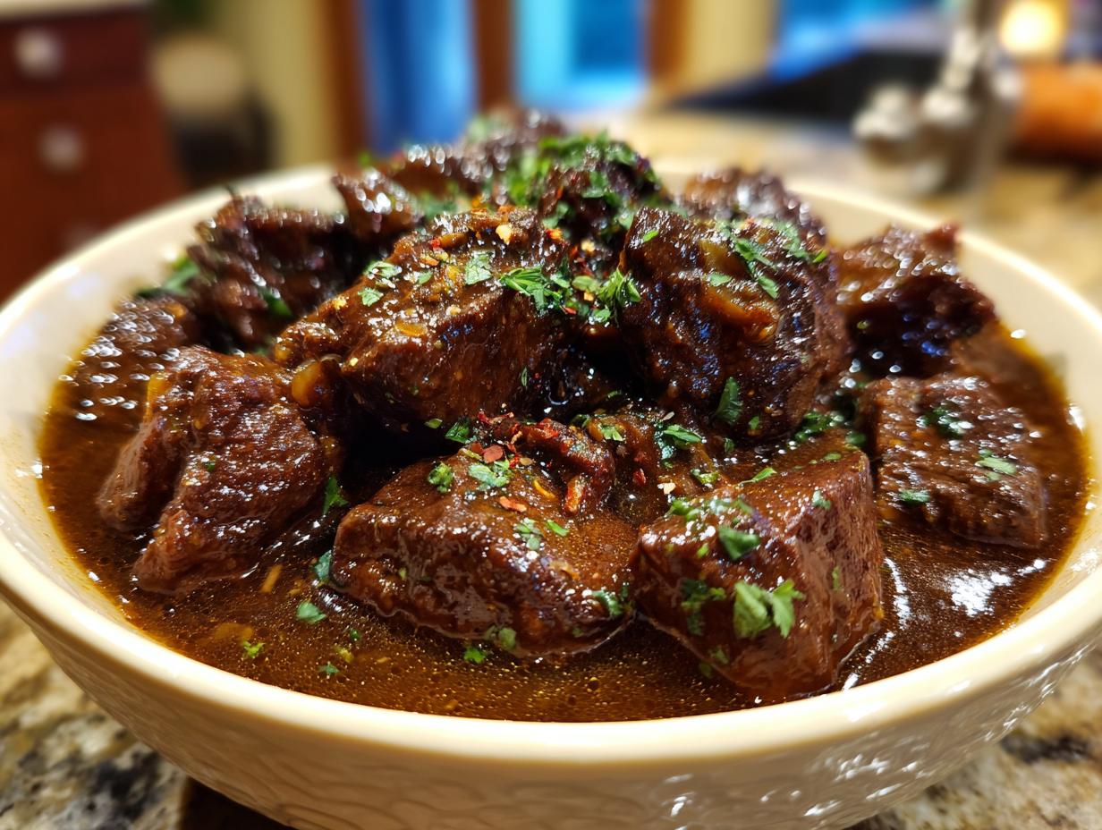 A close-up of tender Glühweingulasch in a bowl, garnished with fresh parsley and chili flakes.