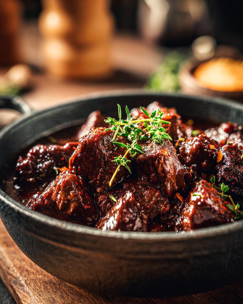 A close-up of a dark, rich Glühweingulasch stew in a rustic bowl, garnished with fresh thyme.