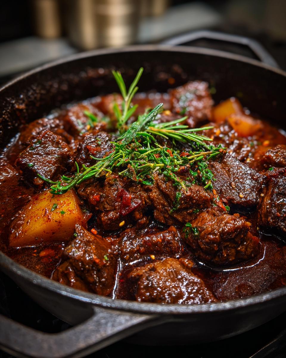 A close-up of rich Glühweingulasch simmering in a cast iron pot, garnished with fresh herbs.