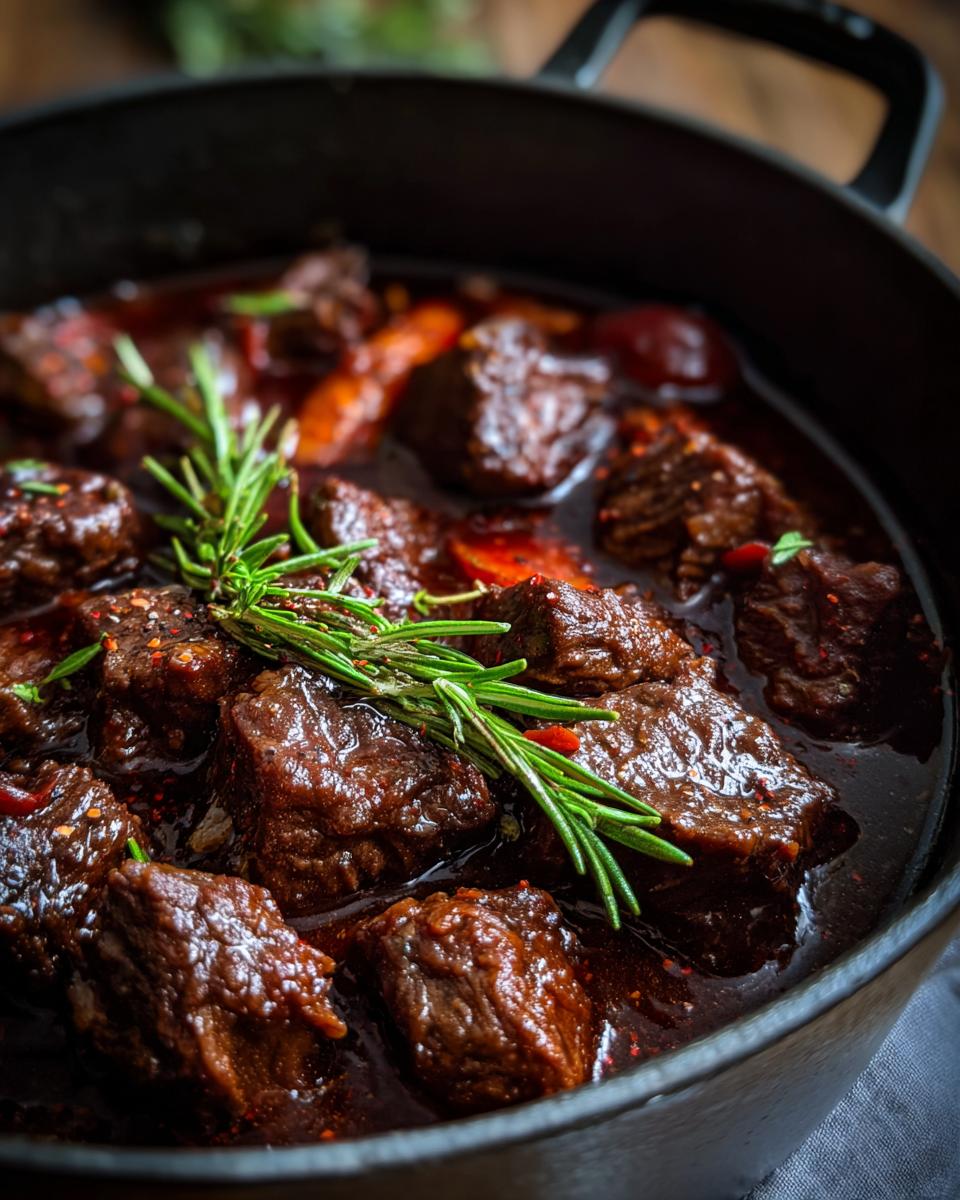 Close-up of tender Glühweingulasch beef stew in a black Dutch oven, garnished with fresh rosemary.