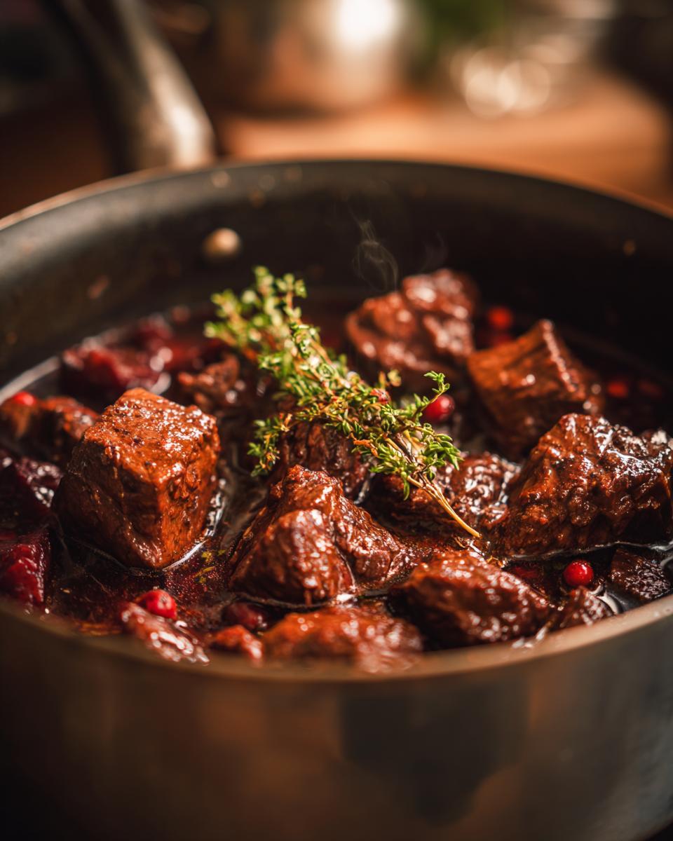 Close-up of tender Glühweingulasch with cranberries and thyme in a cooking pot.
