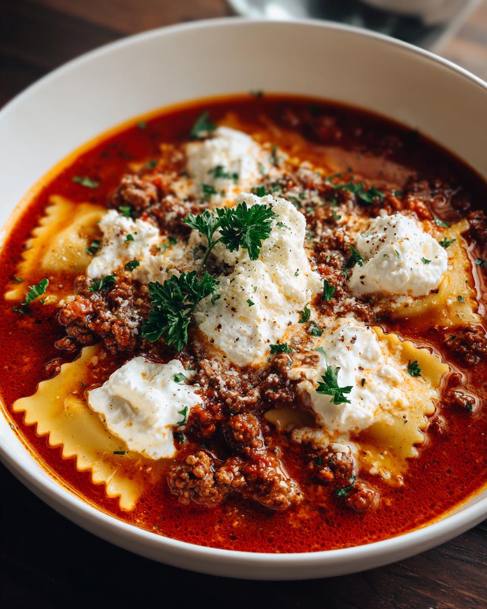 A bowl of Gluten Free Lasagna Soup with rich tomato broth, pasta, meat sauce, dollops of ricotta, and fresh parsley.