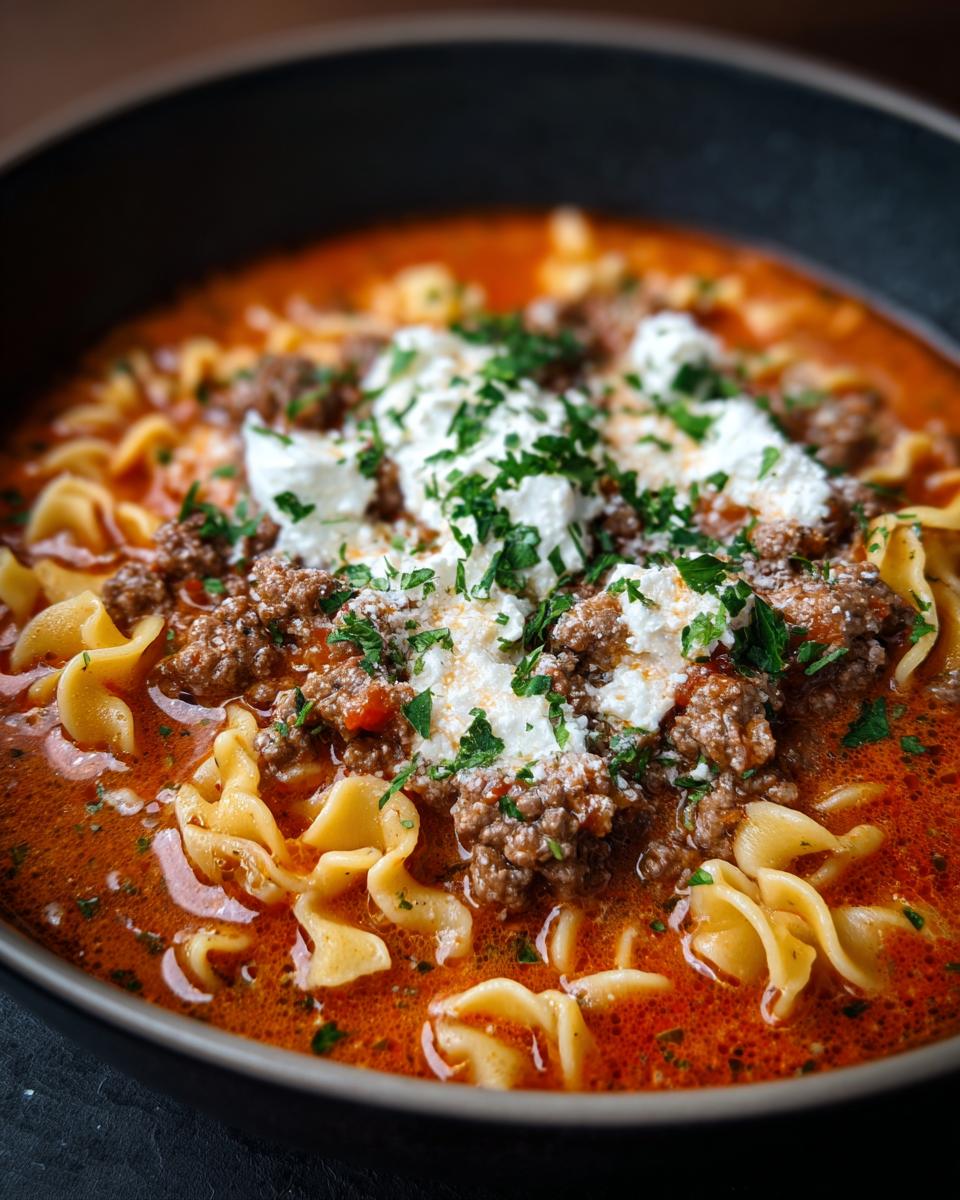 A close-up of a bowl of Gluten Free Lasagna Soup, featuring pasta, seasoned ground meat, dollops of ricotta, and fresh parsley.