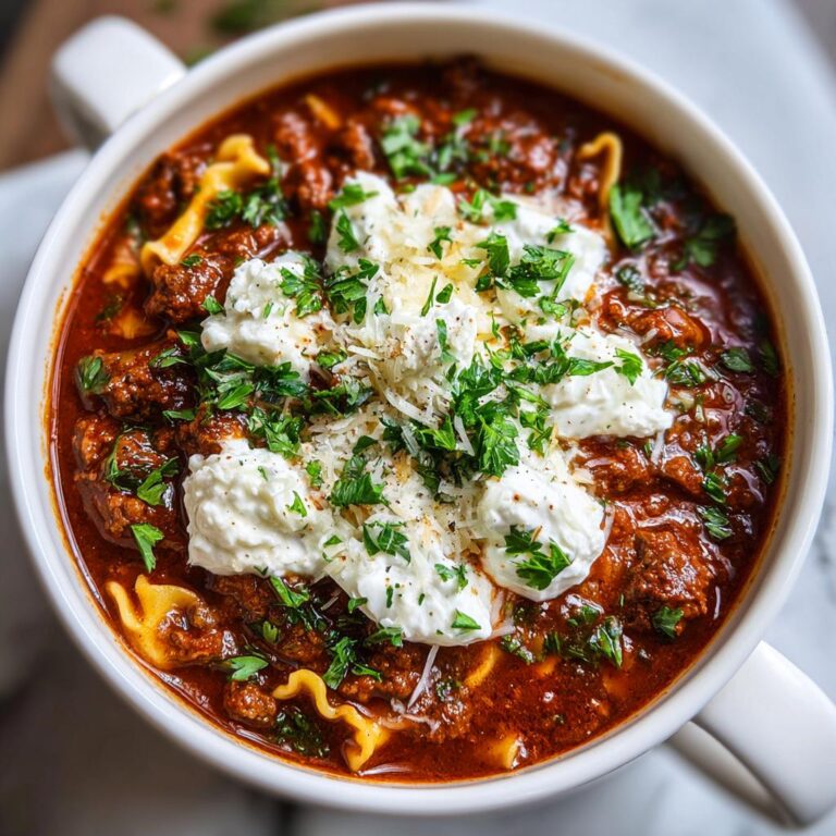 A hearty bowl of Gluten Free Lasagna Soup topped with creamy ricotta, grated parmesan, and fresh parsley.