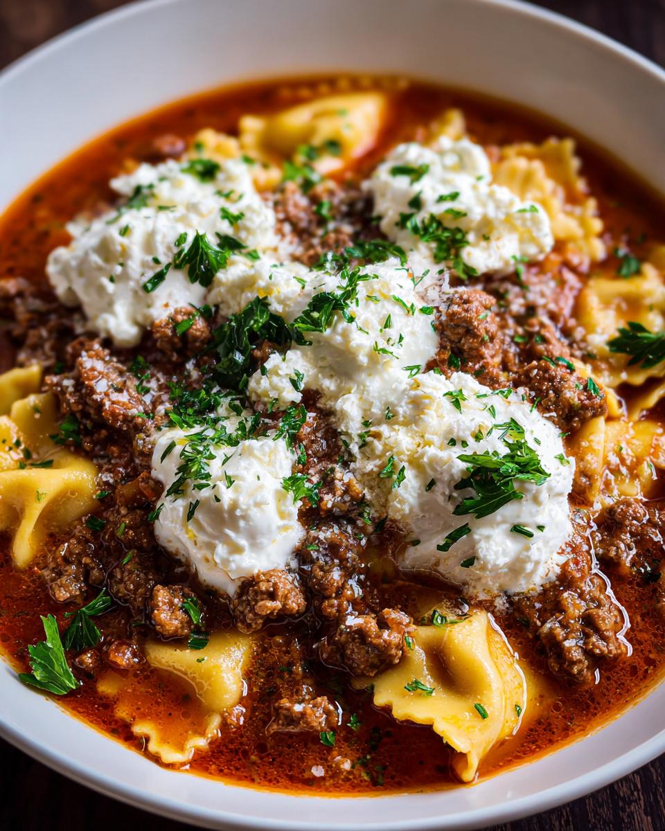 A close-up of a bowl of Gluten Free Lasagna Soup, featuring pasta, rich meat sauce, dollops of ricotta, and fresh parsley.