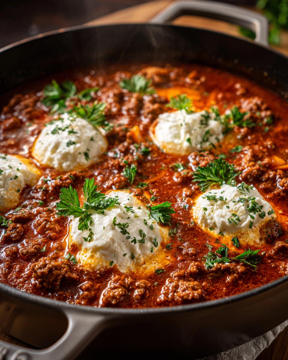 A steaming pot of Gluten Free Lasagna Soup, featuring a rich meat sauce topped with dollops of creamy ricotta and fresh parsley.