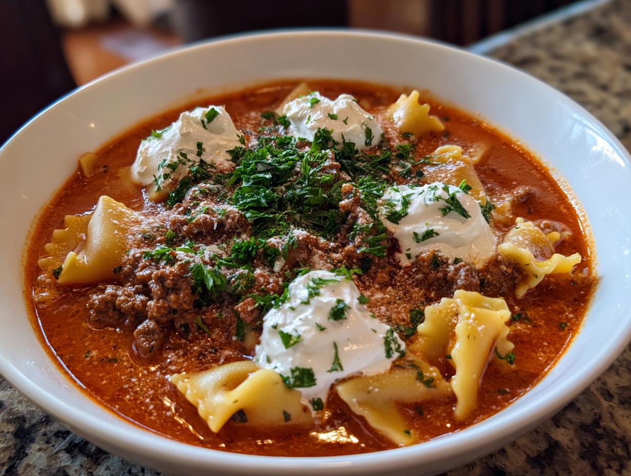 A bowl of Gluten Free Lasagne-Suppe with rich tomato broth, ground meat, pasta, dollops of sour cream, and fresh parsley.