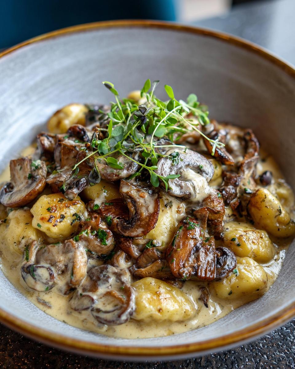 Close-up of Gnocchi mit Pilzen, featuring tender gnocchi in a creamy mushroom sauce, garnished with fresh herbs.
