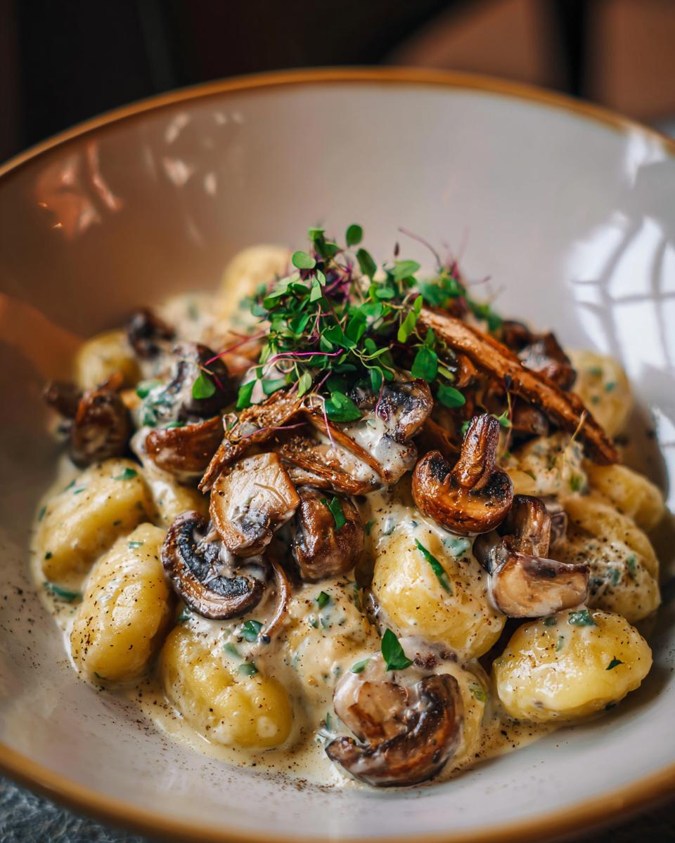 Close-up of Gnocchi mit Pilzen, featuring tender gnocchi in a creamy sauce with sautéed mushrooms and fresh herbs.