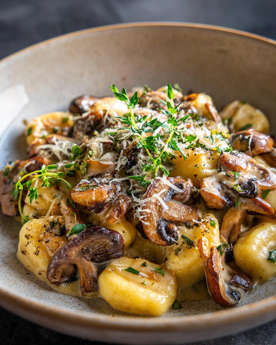 Nahaufnahme von Gnocchi mit Pilzen in einer cremigen Sauce, garniert mit Kräutern und Parmesan.