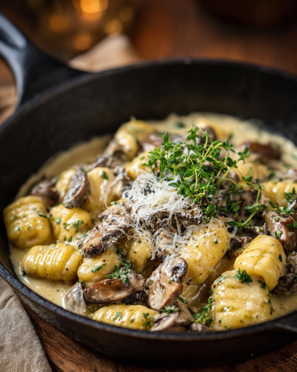 Gnocchi mit Pilzen in einer cremigen Sauce, garniert mit frischem Thymian und Parmesan.