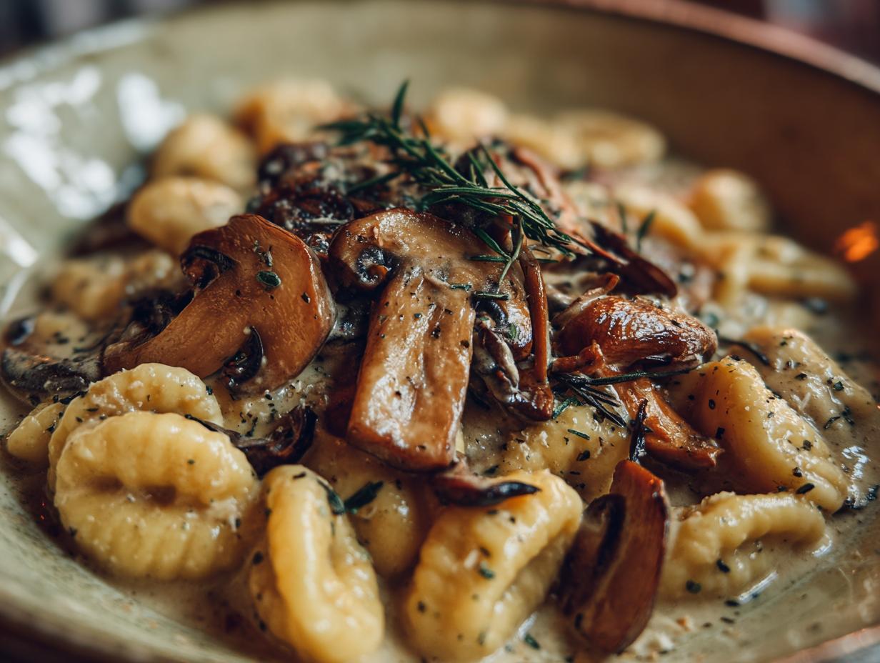 Nahaufnahme von Gnocchi mit Pilzen in cremiger Sauce, garniert mit Rosmarin.
