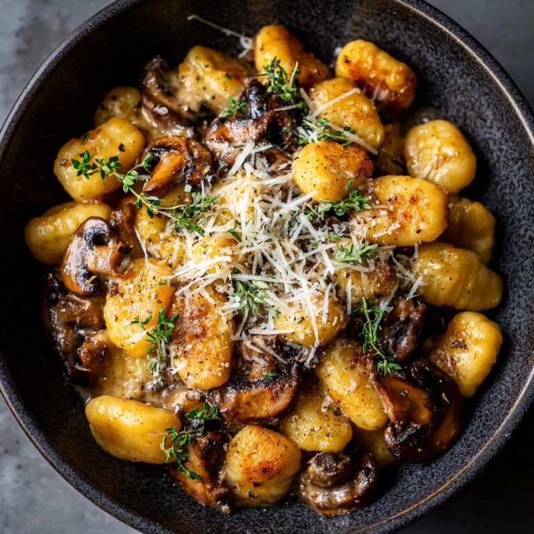 Nahaufnahme von Gnocchi mit Pilzen, garniert mit geriebenem Käse und frischen Kräutern.