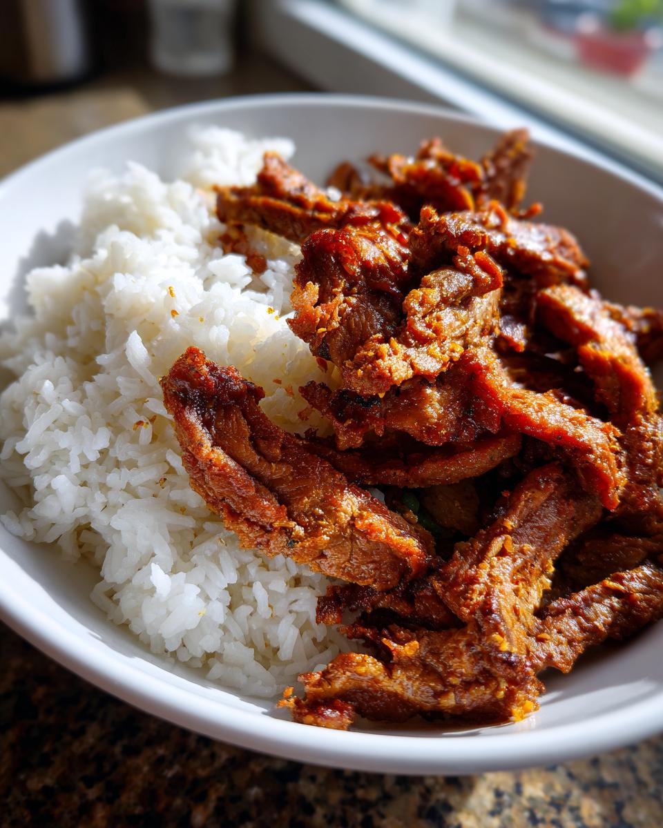 Eine Schüssel mit lockerem Reis und würzigem Gyros Geschnetzeltes, appetitlich angerichtet.