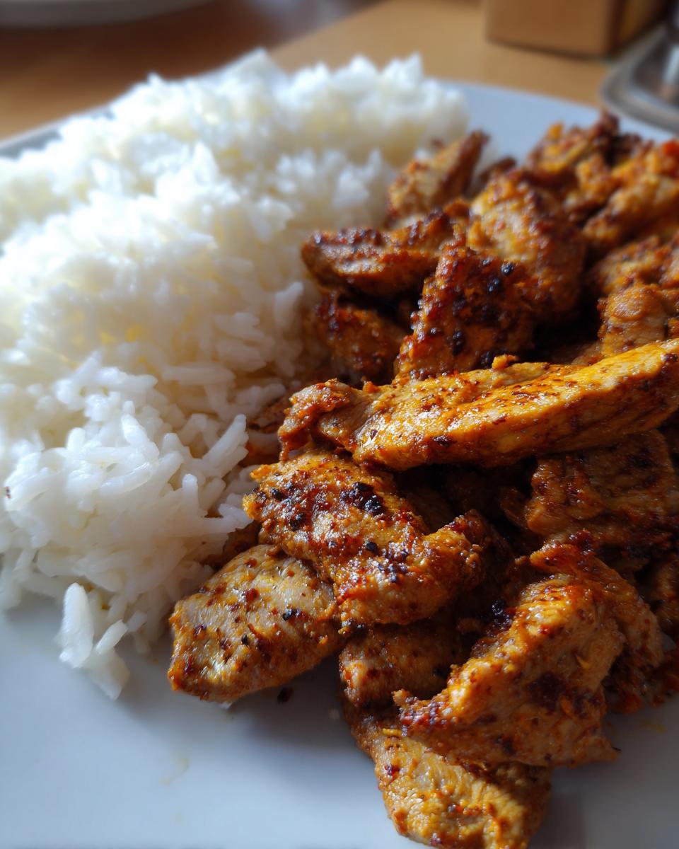 Eine Portion Gyros Geschnetzeltes mit Reis auf einem weißen Teller, das Fleisch ist würzig mariniert und gebraten.
