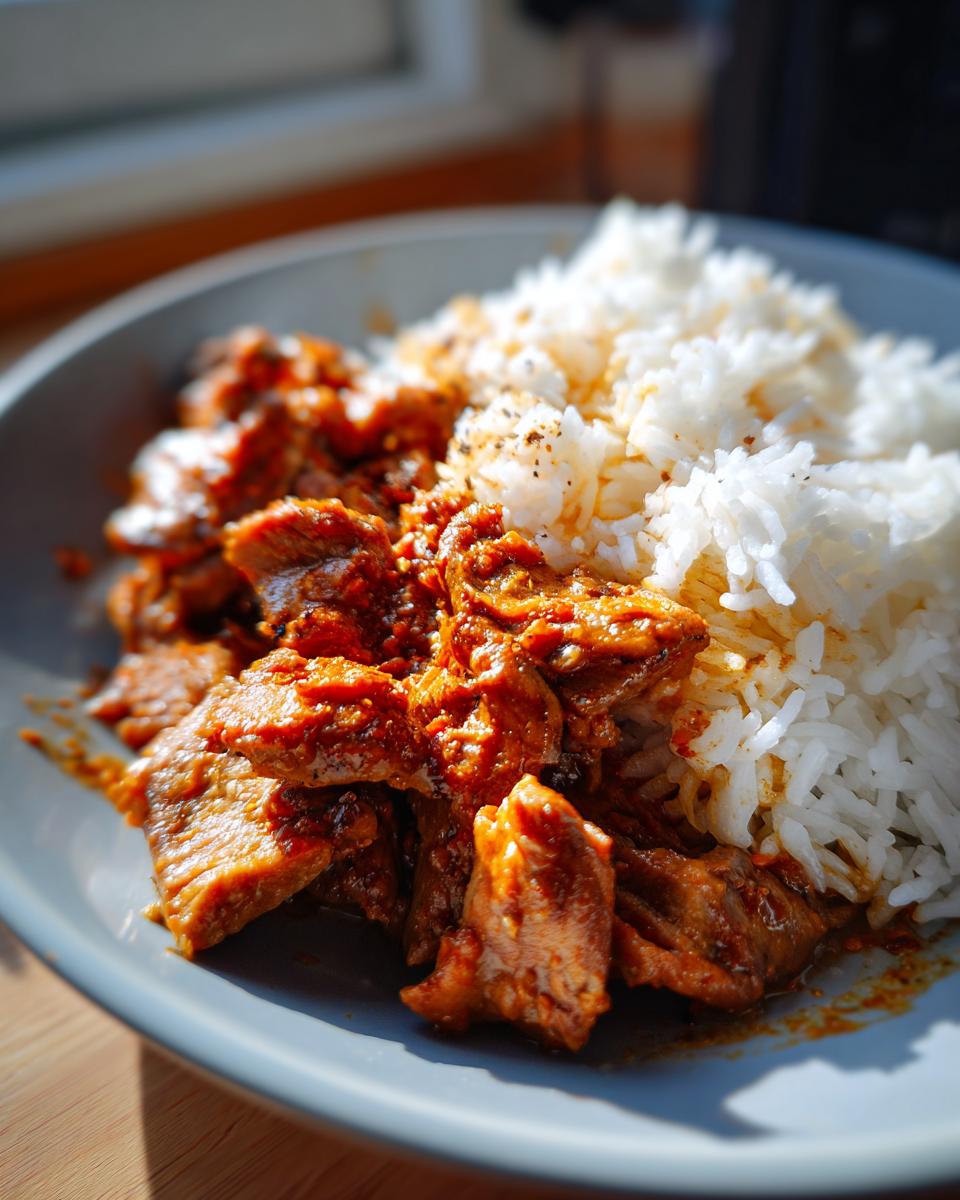 Eine Schüssel mit Gyros Geschnetzeltes und Reis, garniert mit Pfeffer.