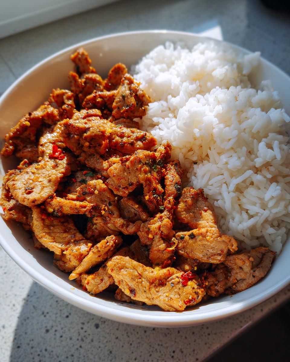 Eine Schüssel mit Gyros Geschnetzeltes und Reis, garniert mit Gewürzen und Chilistückchen.