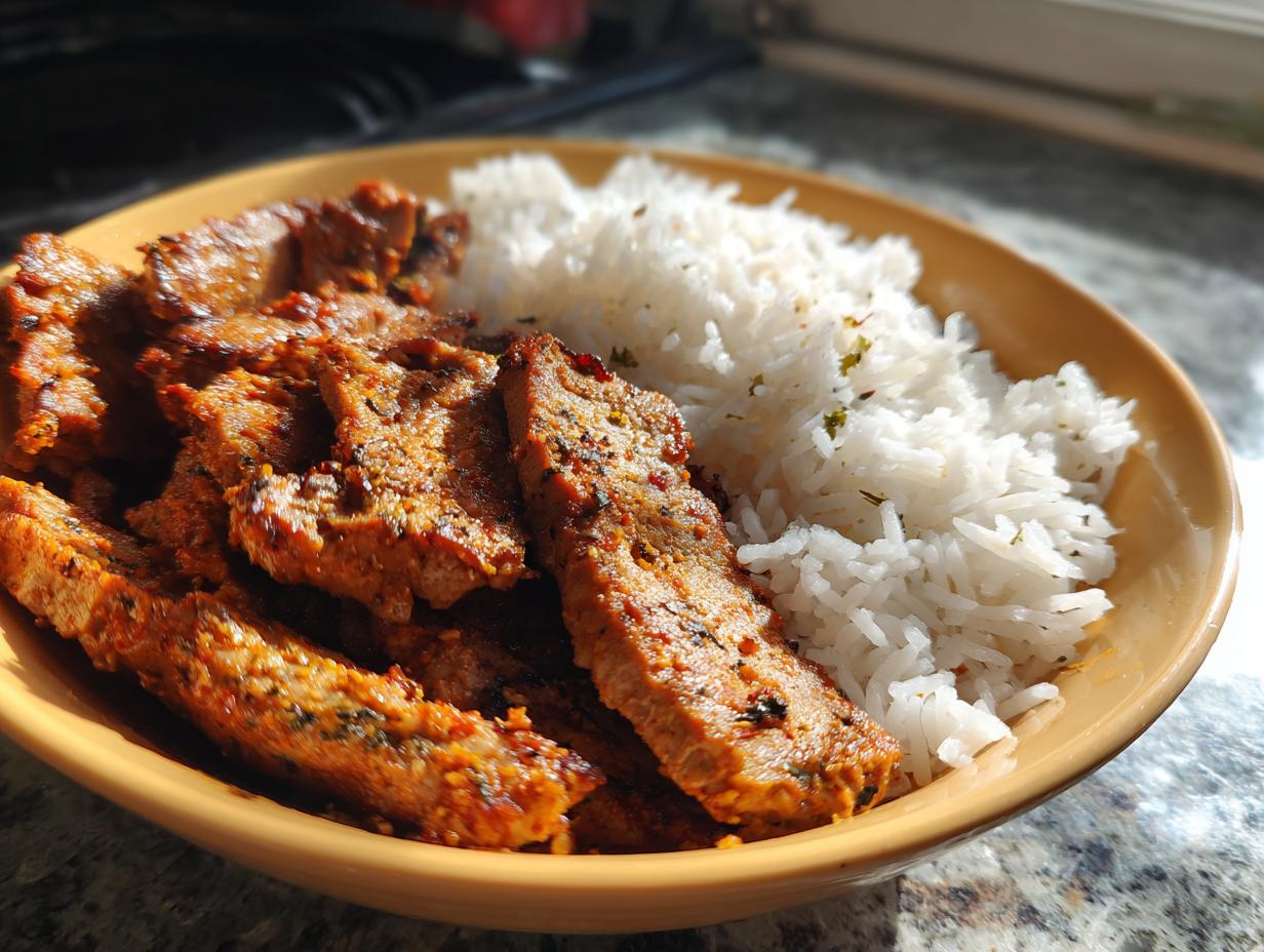 Eine Schüssel mit Gyros Geschnetzeltes und Reis, perfekt für ein schnelles und leckeres Abendessen.