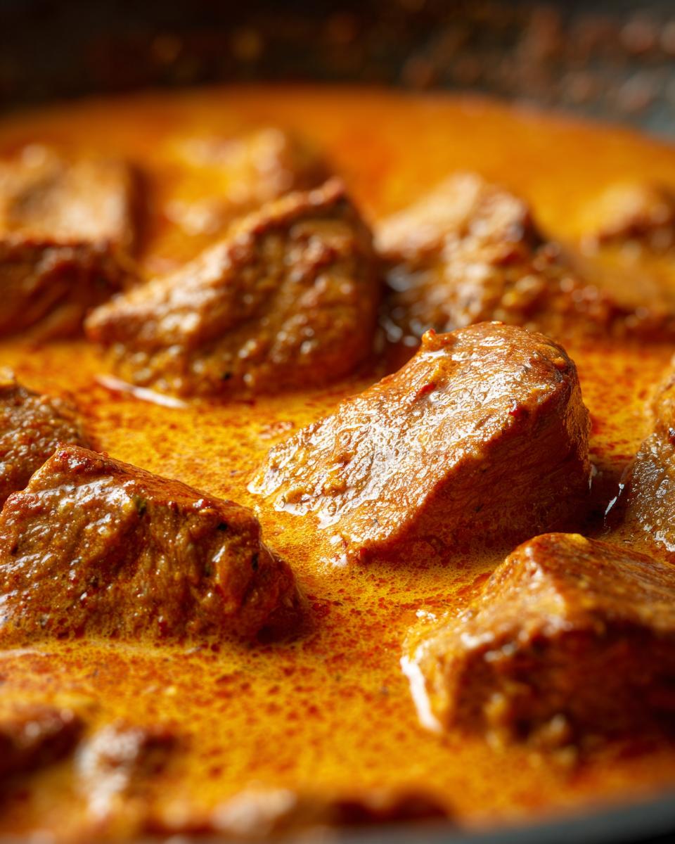 Nahaufnahme von saftigen Fleischstücken in einer cremigen Metaxa-Sauce, perfekt für Gyros in Metaxa-Sauce.