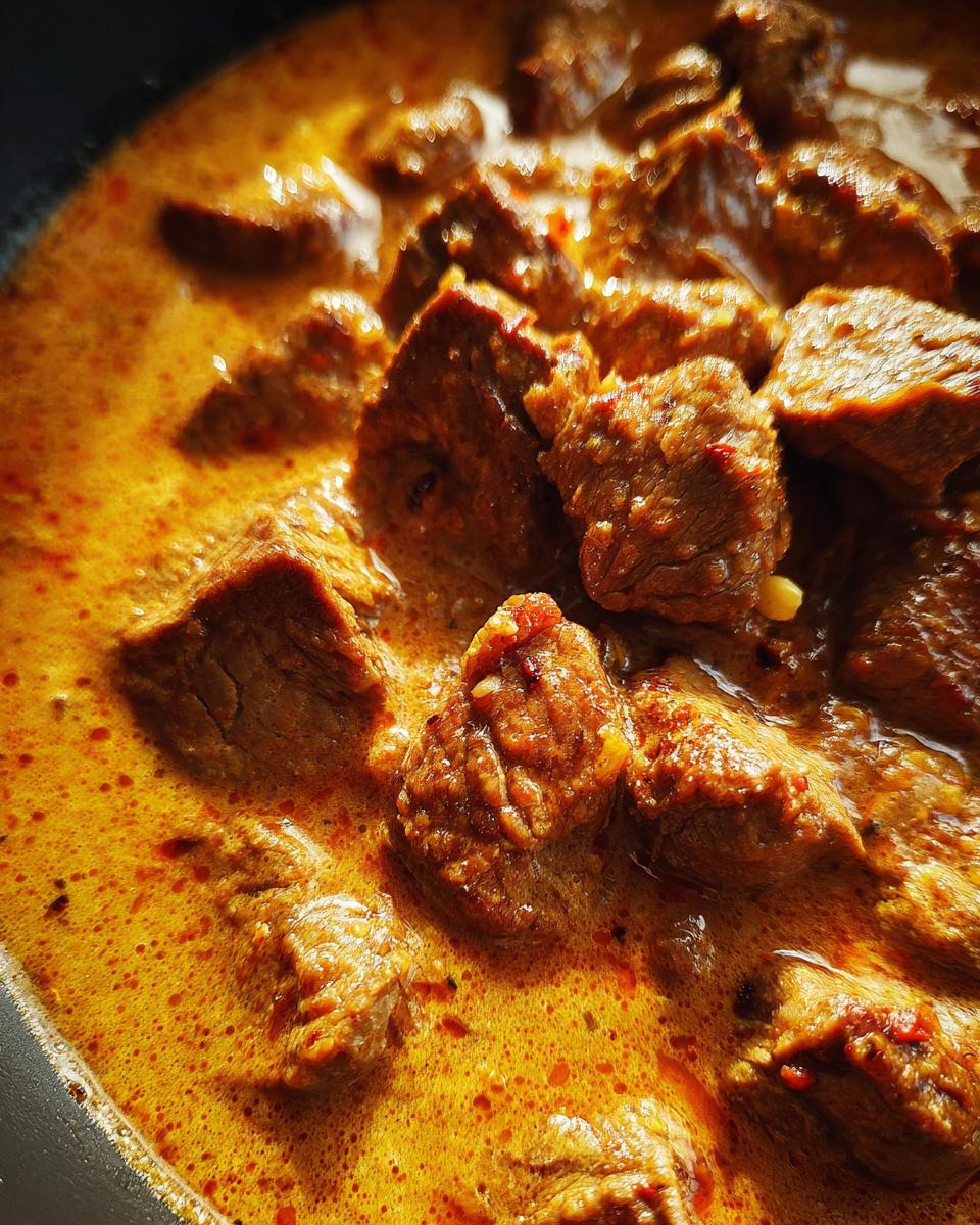 Nahaufnahme von zarten Fleischstücken in einer cremigen, goldenen Metaxa-Sauce, perfekt für Gyros in Metaxa-Sauce.