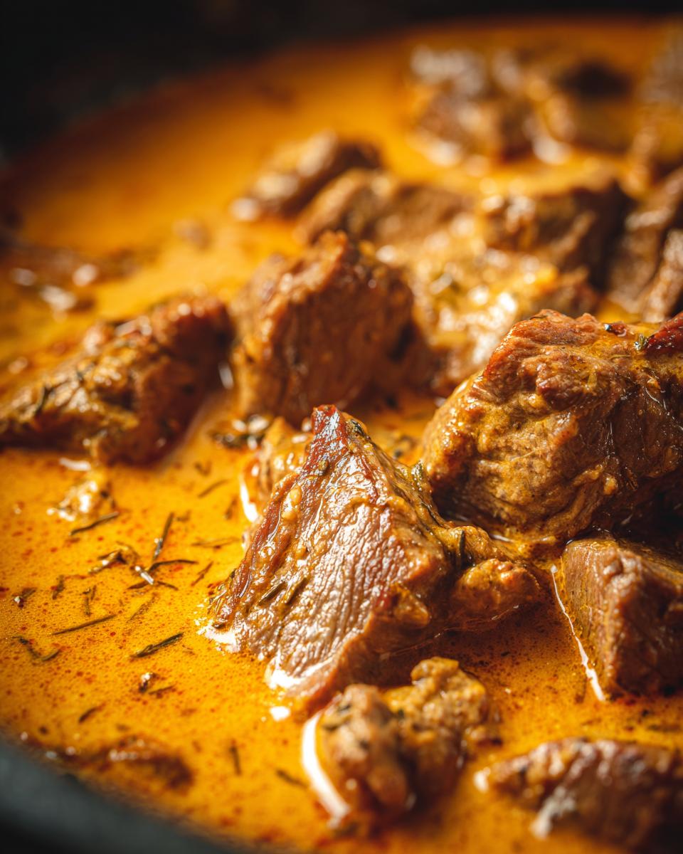 Nahaufnahme von saftigen Gyros-Fleischstücken in einer cremigen Metaxa-Sauce, garniert mit Kräutern.