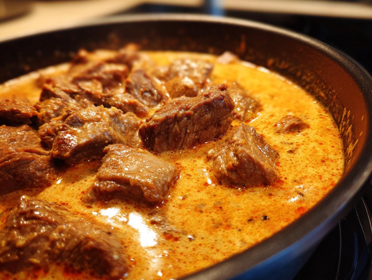 Close-up of tender meat chunks simmering in a rich, creamy Metaxa sauce for Gyros.