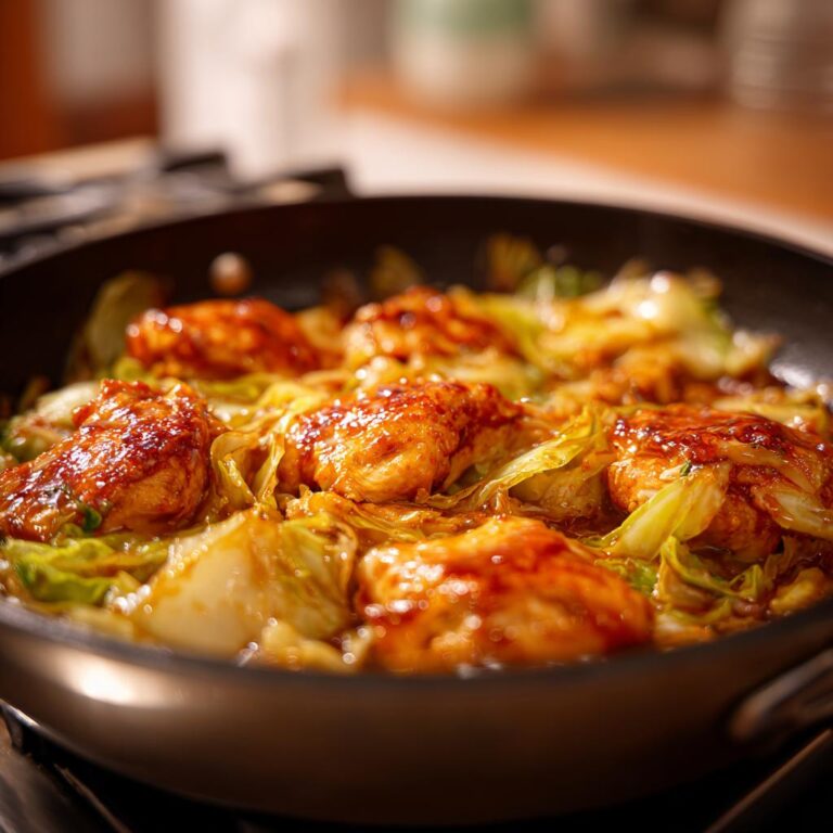 Nahaufnahme einer Hähnchen-Kohl-Pfanne mit gebratenen Hähnchenstücken und Kohl in einer Pfanne.
