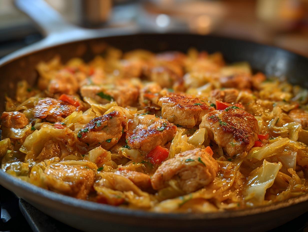 Naheinstellung einer Hähnchen-Kohl-Pfanne mit gebratenen Hähnchenstücken und Kohl, garniert mit Petersilie.