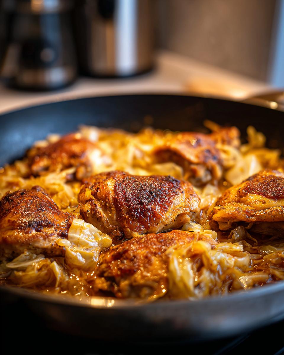 Nahaufnahme einer Hähnchen-Kohl-Pfanne mit goldbraun gebratenen Hähnchenschenkeln auf gedünstetem Kohl.