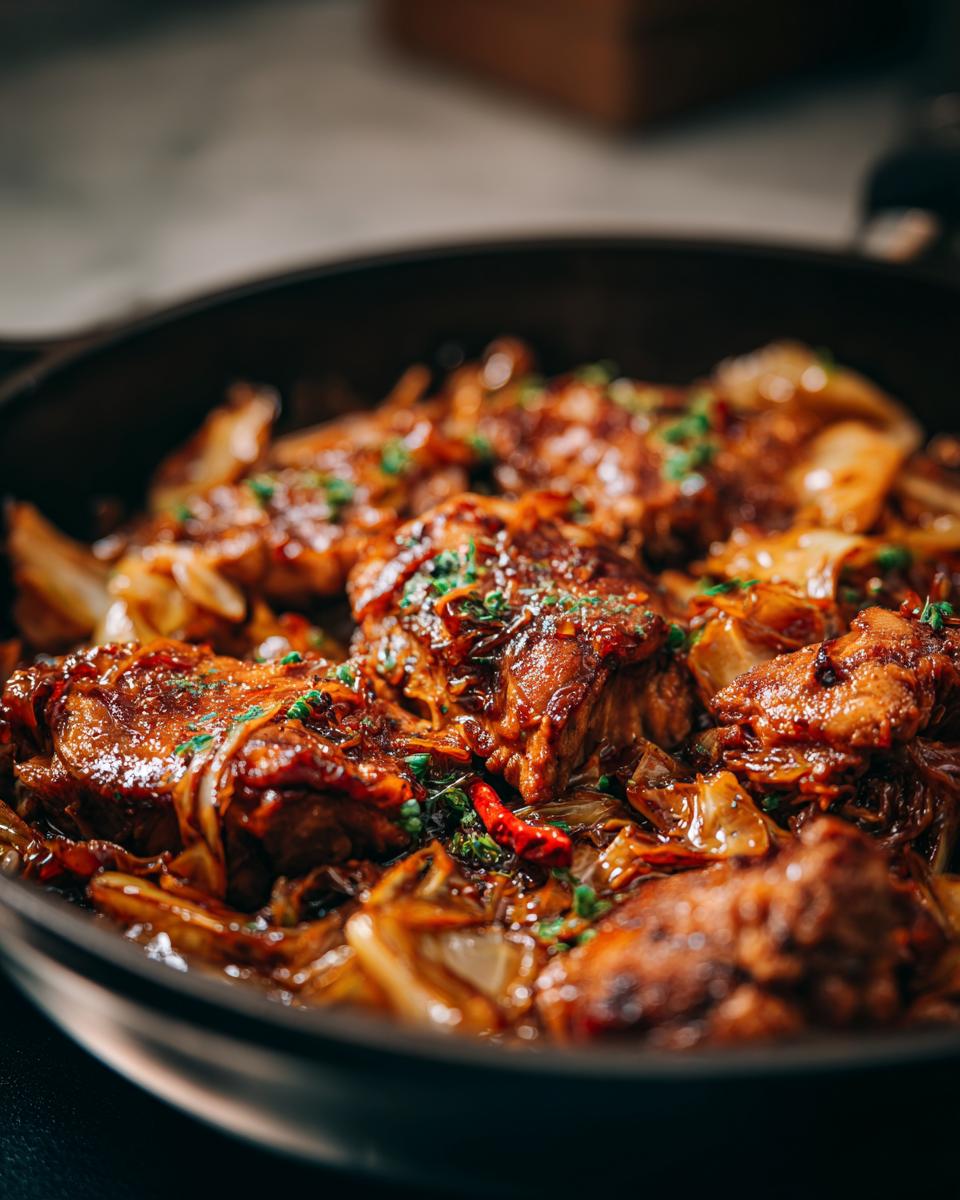 Nahaufnahme einer Hähnchen-Kohl-Pfanne mit saftigen Hähnchenstücken und karamellisiertem Kohl, garniert mit Petersilie.