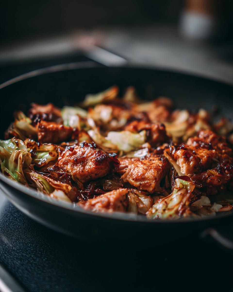 Nahaufnahme einer Hähnchen-Kohl-Pfanne mit gebratenen Hähnchenstücken und Kohl in einer Pfanne.