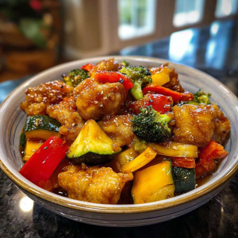 Hähnchenbrust Rezept mit Gemüse in einer Schüssel, mit Brokkoli, Paprika und Zucchini.