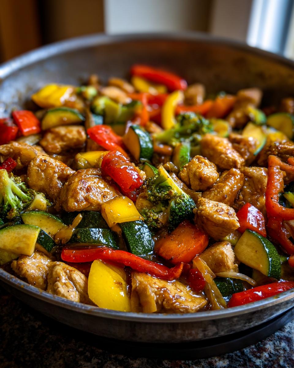 Nahaufnahme von Hähnchenbruststücken mit buntem Gemüse wie Paprika, Zucchini und Brokkoli in einer Pfanne.