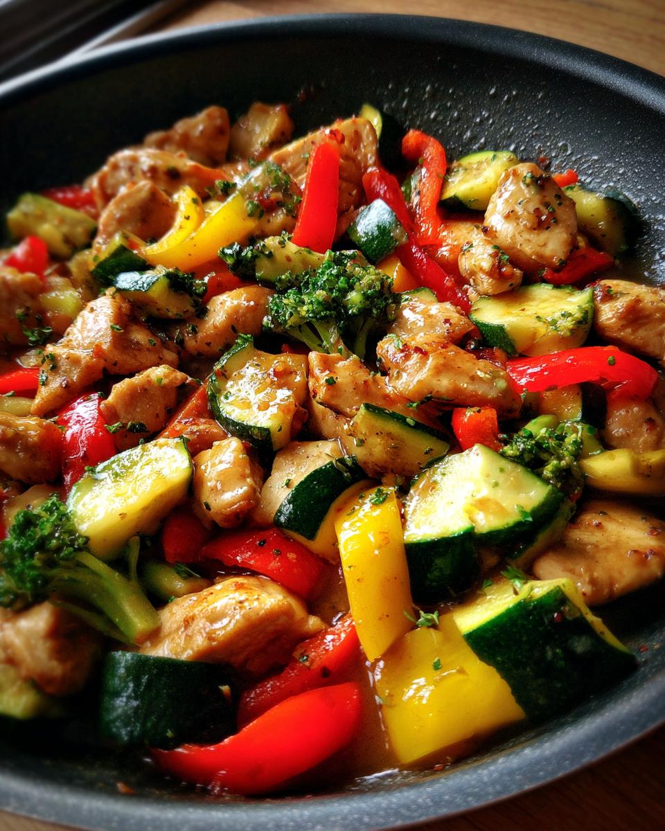 Nahaufnahme eines Hähnchenbrust Rezepts mit Gemüse in einer Pfanne, mit Paprika, Zucchini und Brokkoli.