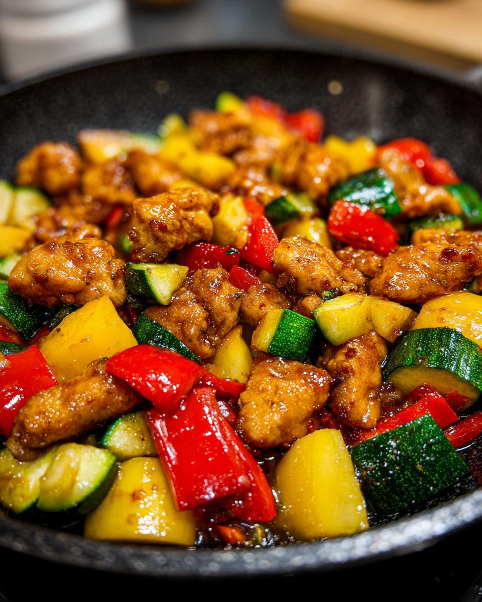 Nahaufnahme einer Pfanne mit Hähnchenbruststücken und buntem Gemüse wie Paprika und Zucchini.