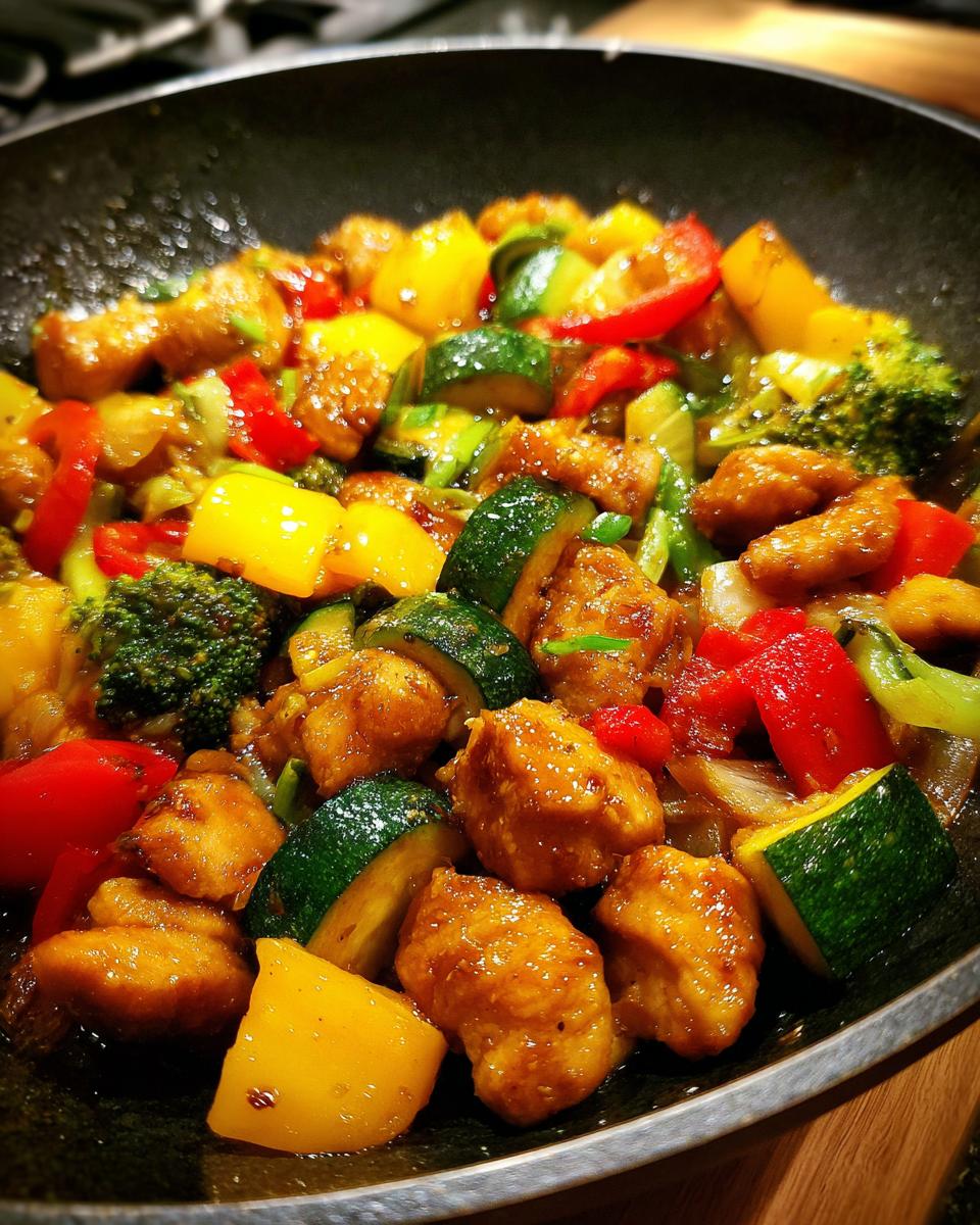 Nahaufnahme eines Hähnchenbrust Rezepts mit Gemüse, das in einer Pfanne zubereitet wird, mit Zucchini, Paprika und Brokkoli.