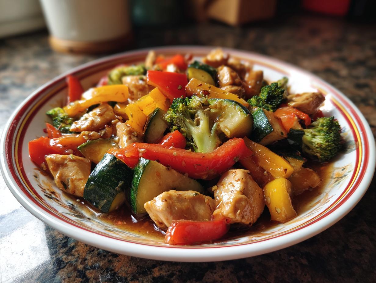 Nahaufnahme eines Hähnchenbrust Rezepts mit Gemüse, das Hähnchenstücke, Brokkoli, Zucchini und Paprika enthält.