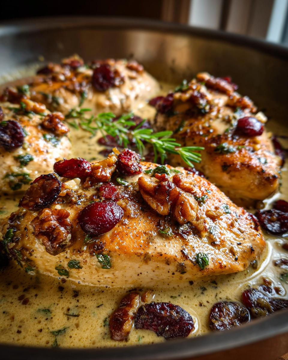 Festlich zubereitete Hähnchenbrust weihnachtlich in einer cremigen Sauce mit getrockneten Cranberries und Nüssen.