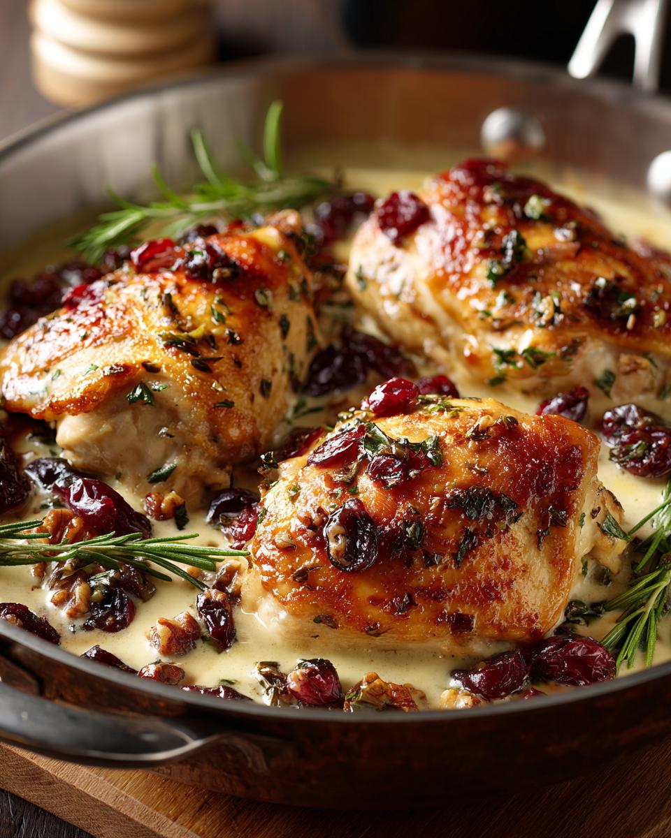 Festliches Hähnchenbrust weihnachtlich in cremiger Sauce mit Cranberries und Rosmarin.
